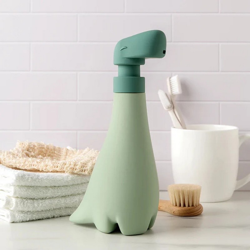 Dispenser di sapone in ceramica soft touch a forma di dinosauro verde, per una divertente idea regalo giurassica!