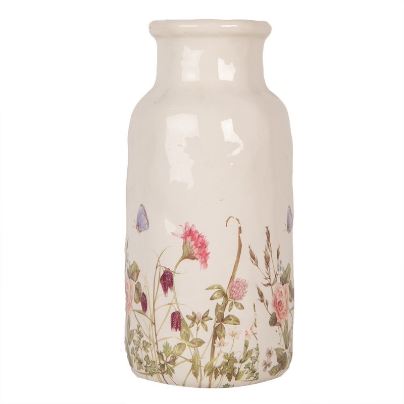 Vaso bottiglia per fiori e piante in ceramica bianca decorato con prato fiorito