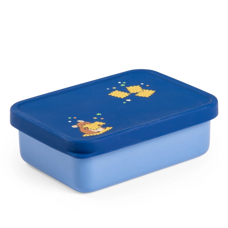 Portamerenda blu per bambini in acciaio inox con coperchio in silicone decorato con criceto e biscotti