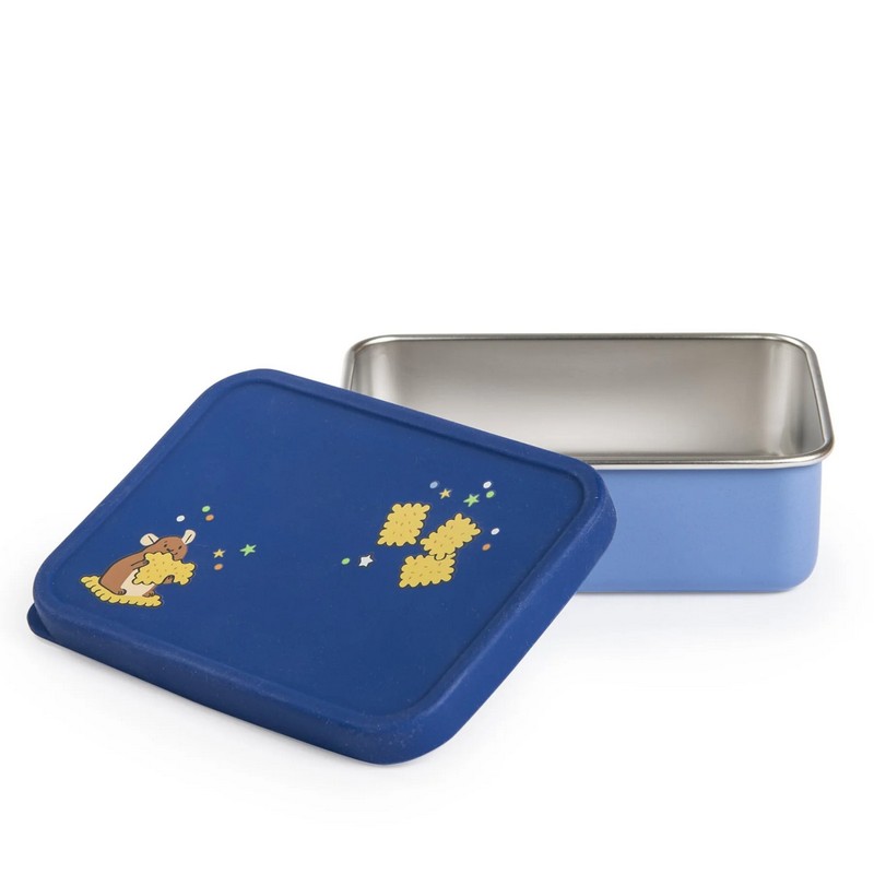 Portamerenda blu per bambini in acciaio inox con coperchio in silicone decorato con criceto e biscotti