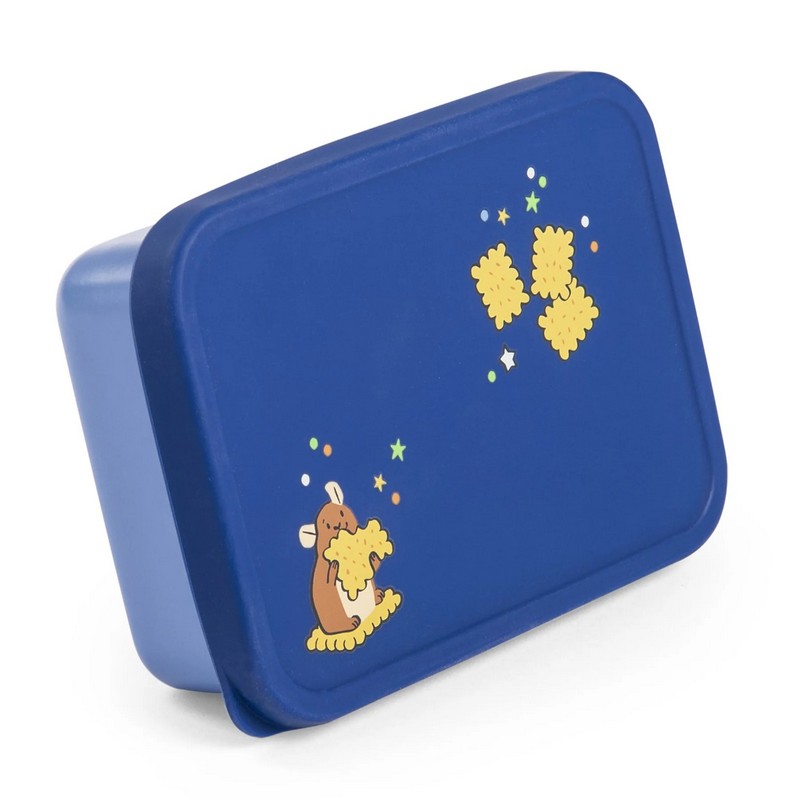 Portamerenda blu per bambini in acciaio inox con coperchio in silicone decorato con criceto e biscotti