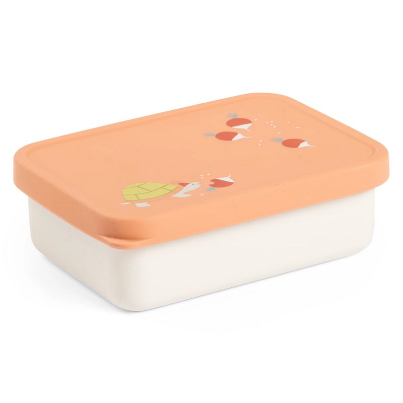 Portamerenda bianco e pesca per bambini in acciaio inox con coperchio in silicone decorato con tartaruga con cappello a punta e rape