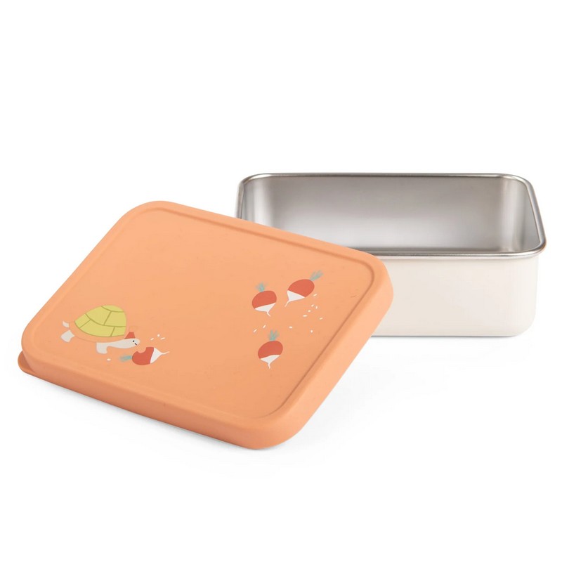 Portamerenda bianco e pesca per bambini in acciaio inox con coperchio in silicone decorato con tartaruga con cappello a punta e rape