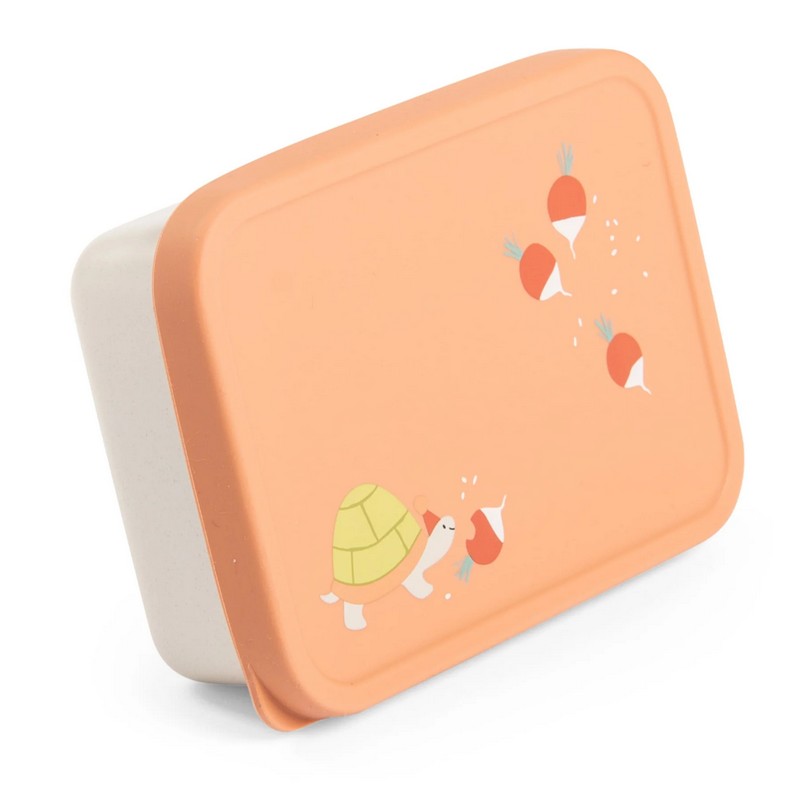 Portamerenda bianco e pesca per bambini in acciaio inox con coperchio in silicone decorato con tartaruga con cappello a punta e rape