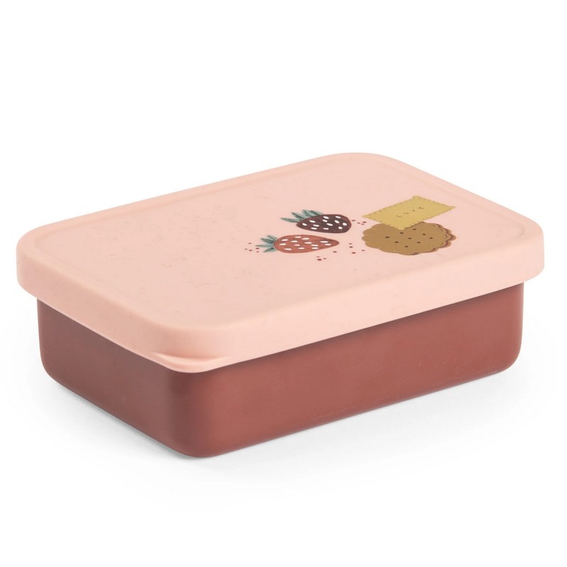 Portamerenda rosa per bambini in acciaio inox con coperchio in silicone decorato con biscotti e fragole