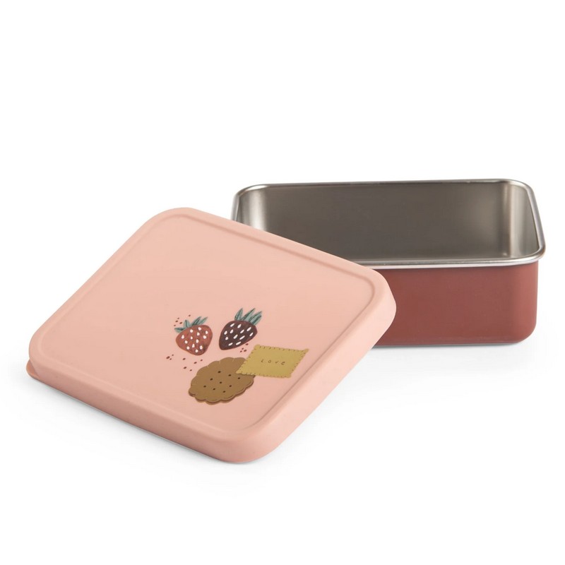 Portamerenda rosa per bambini in acciaio inox con coperchio in silicone decorato con biscotti e fragole