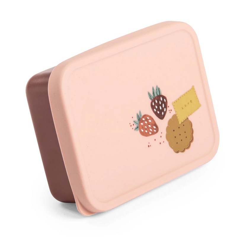 Portamerenda rosa per bambini in acciaio inox con coperchio in silicone decorato con biscotti e fragole