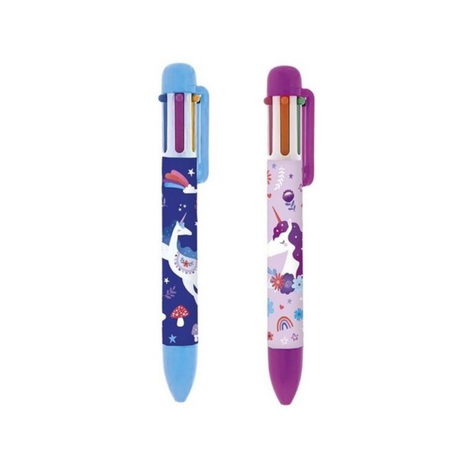 Penna a 6 colori decorata con unicorno nei colori blu e lilla