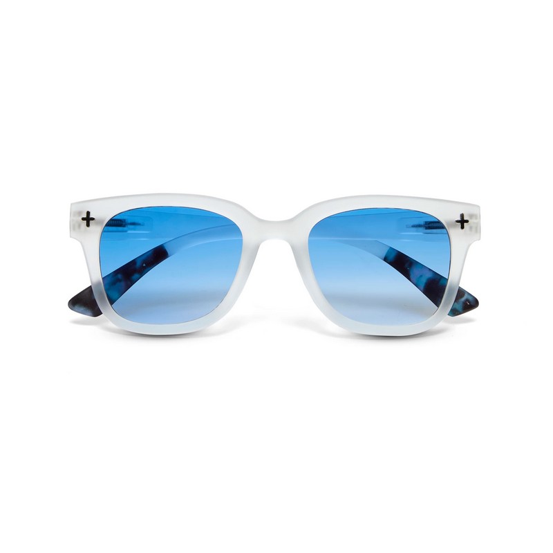 Occhiale da sole squadrato color bianco traslucido con estremità delle stanghette blu havana e lenti gradiente blu
