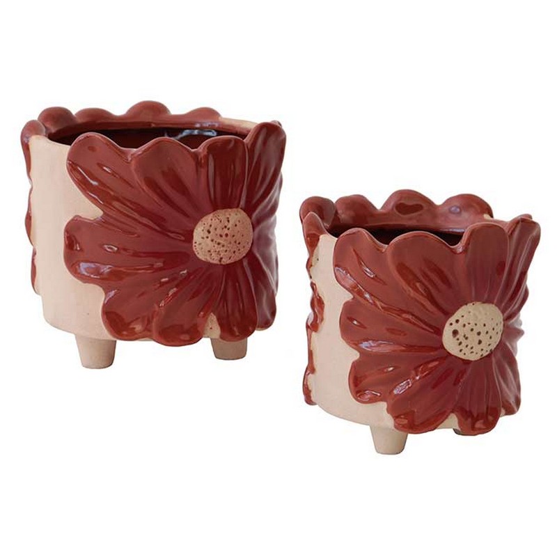 Vaso in ceramica decorato con fiori bordeaux in rilievo per fiori e piante