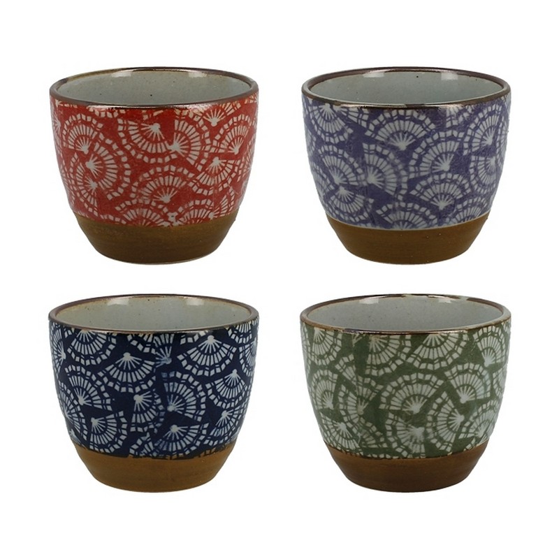 Tazza in ceramica di artigianato giapponese con decoro ventagli su fondo di colori assortiti 
