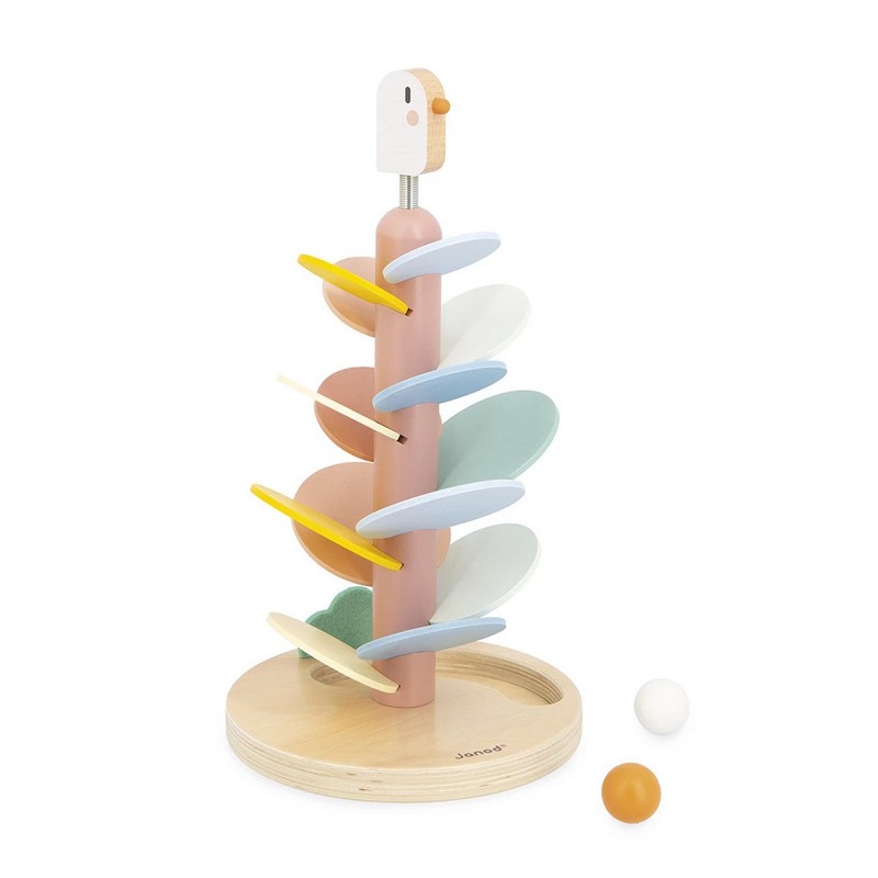 Gioco scivolo di legno per bambini con palline e decoro uccellino