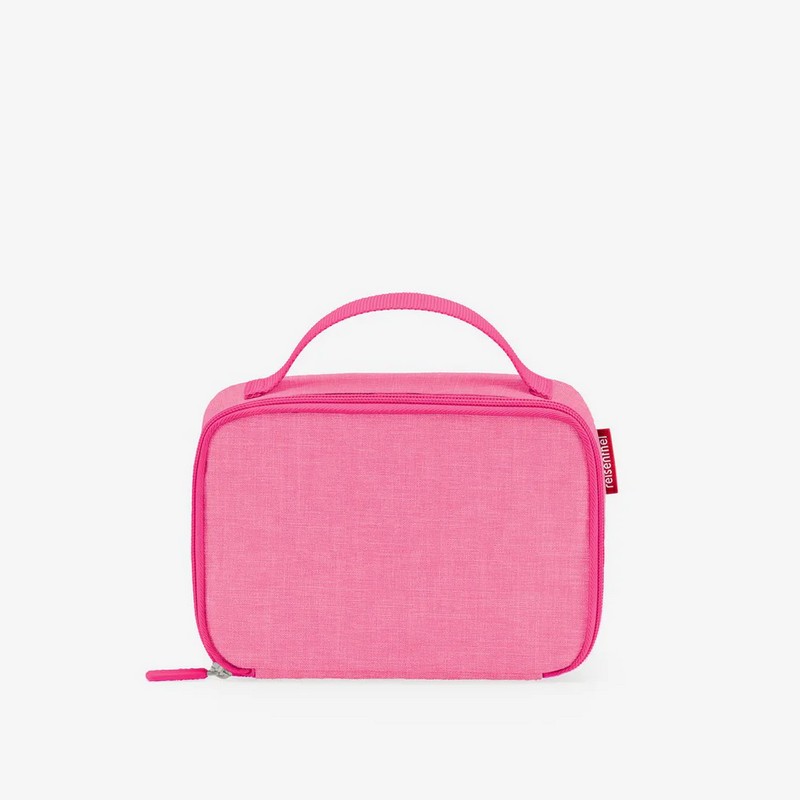 Borsa termica rosa fluo con chiusura zip, manico e tasca interna, ideale per mantenere la temperatura di cibo, farmaci e cosmetici