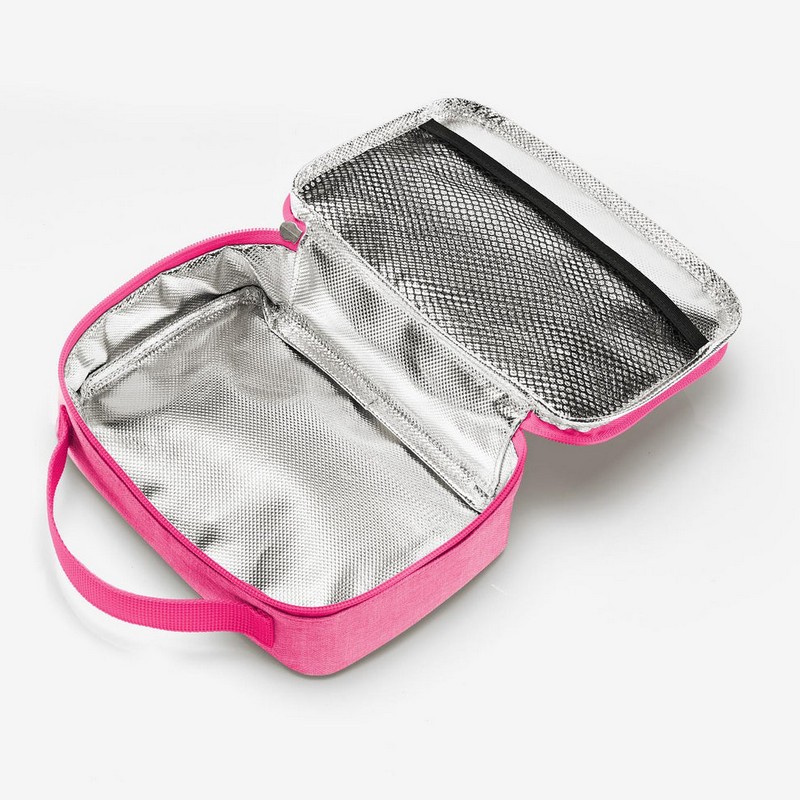 Borsa termica rosa fluo con chiusura zip, manico e tasca interna, ideale per mantenere la temperatura di cibo, farmaci e cosmetici