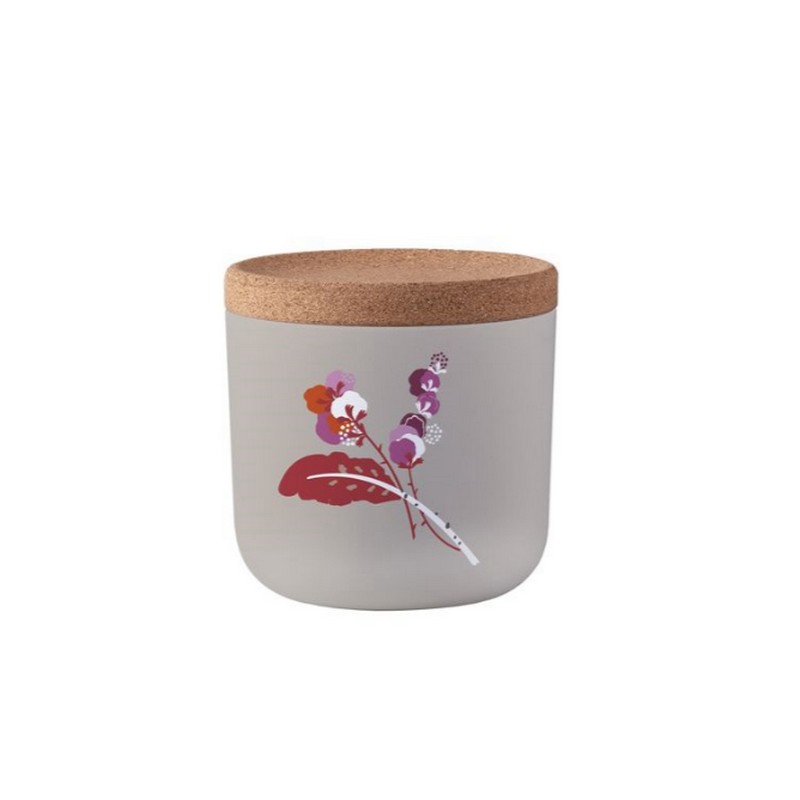 Barattolo alimentare da cucina grigio in PLA, materiale ecologico ricavato dallo zucchero, decorato con fiori e dotato di tappo in sughero. Utilizzabile senza tappo in microonde e lavastoviglie
