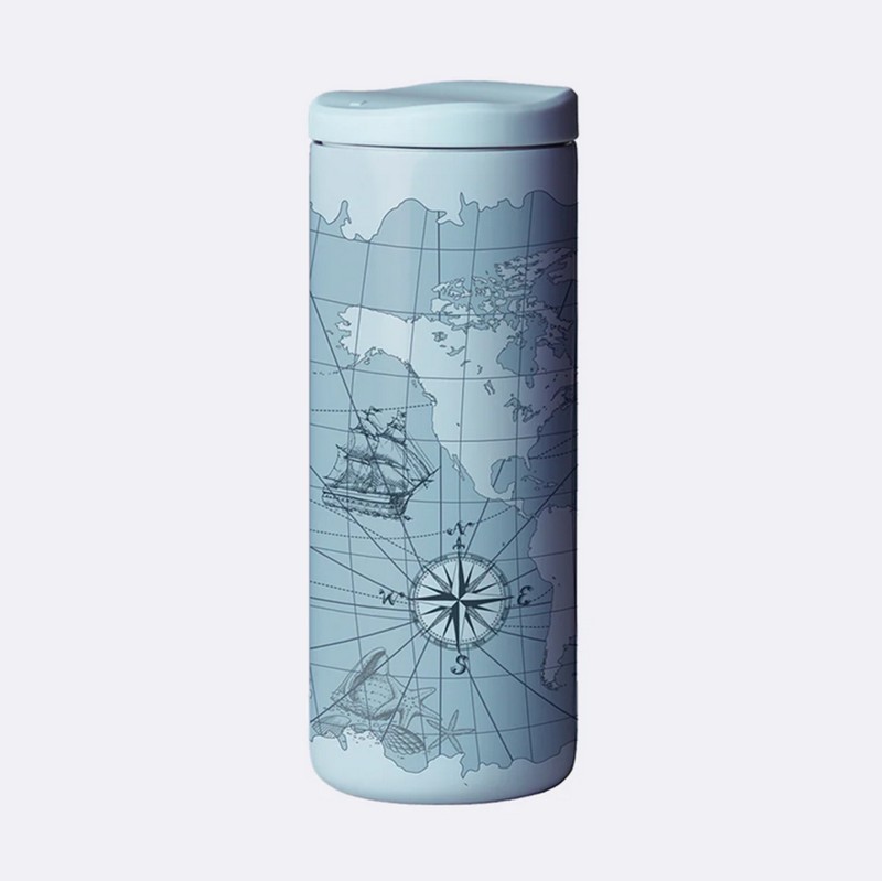 Borraccia termica con tappo scorrevole e blocco anti-perdite decorata con mappamondo vintage
