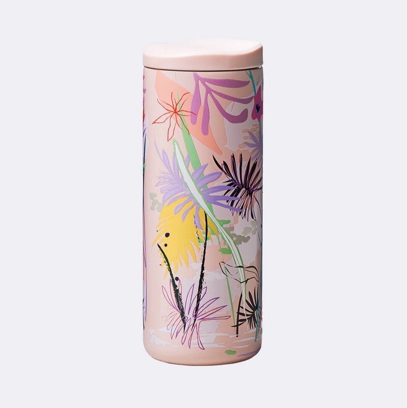 Borraccia termica con tappo scorrevole e blocco anti-perdite decorata con fiori su fondo rosa