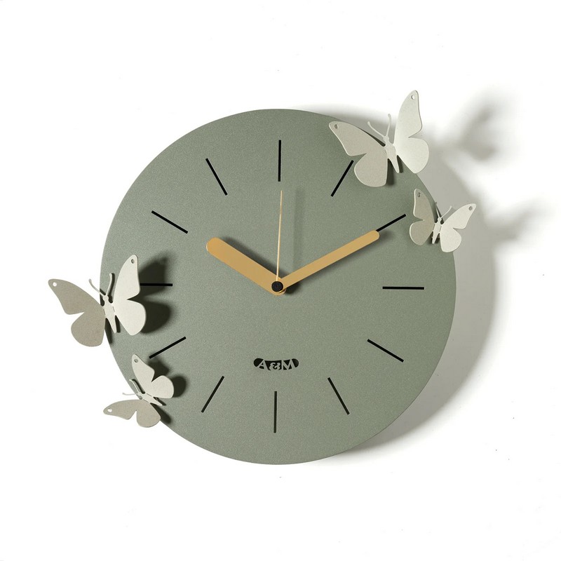 Orologio da parete in ferro verde tondo decorato con 4 farfalle magnetiche spostabili a piacimento