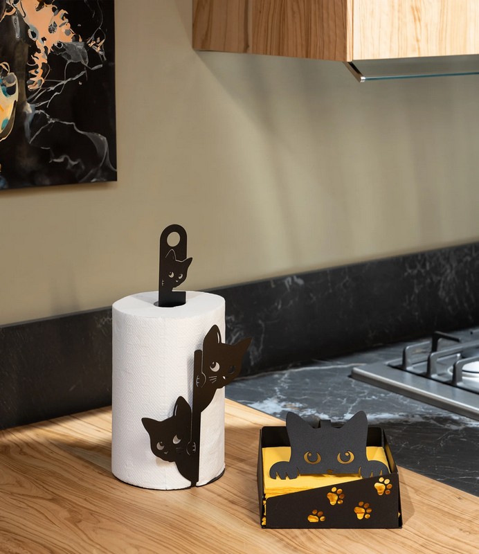 Porta scottex in ferro nero con gatti che sbucano dal sostegno