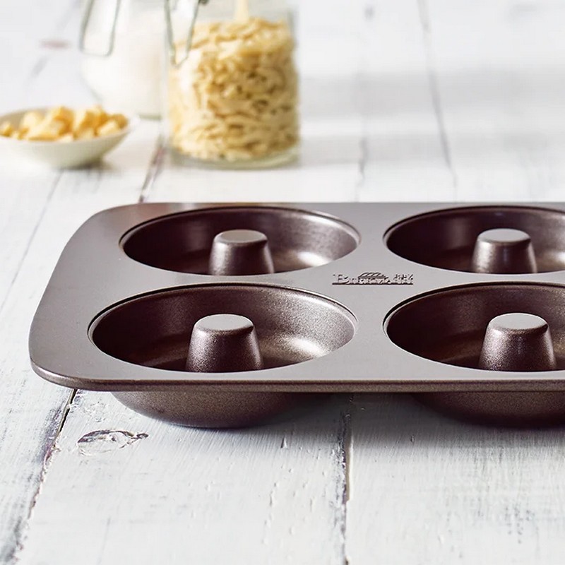 Teglia stampo per ciambelle con 6 scomparti da 9 cm di diametro, con rivestimento antiaderente di marca di alta qualità, struttura robusta e idea di ricetta