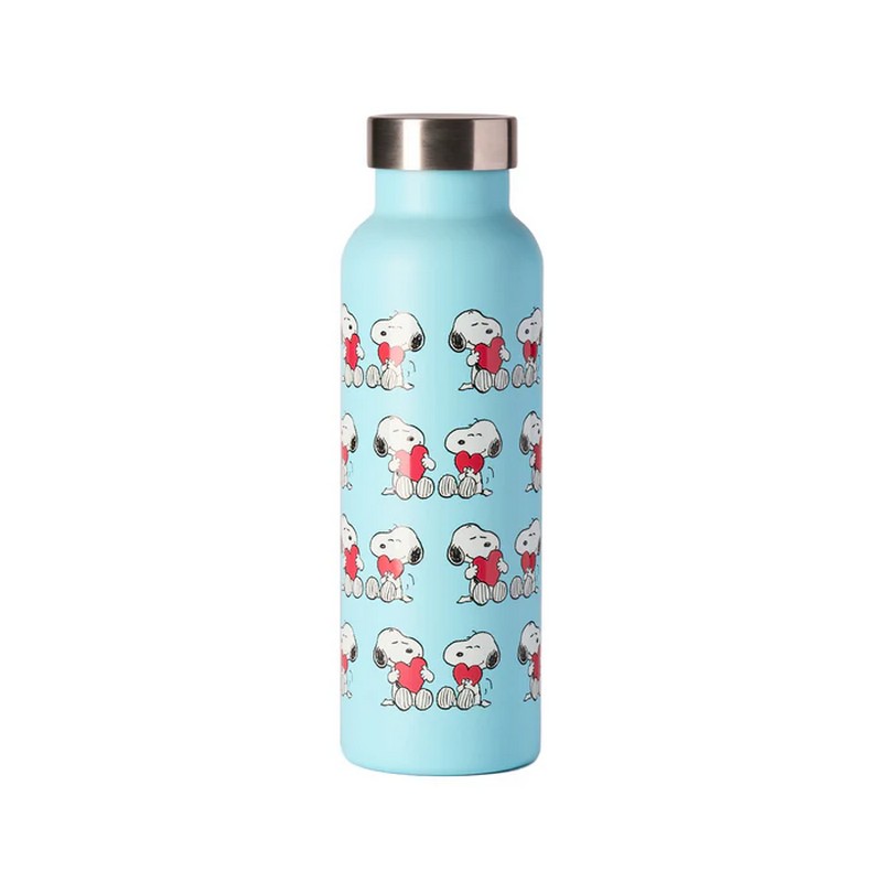 Borraccia termica in acciaio inox da 500 ml con decoro in rilievo a tema Snoopy con cuore su fondo azzurro