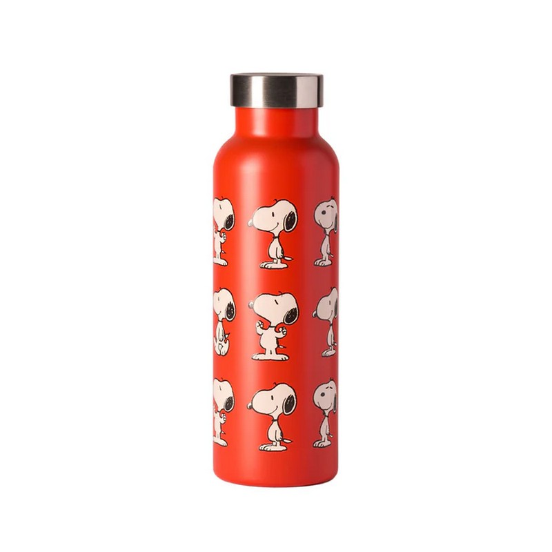 Borraccia termica in acciaio inox da 500 ml con decoro in rilievo a tema Snoopy in diverse pose su fondo rosso