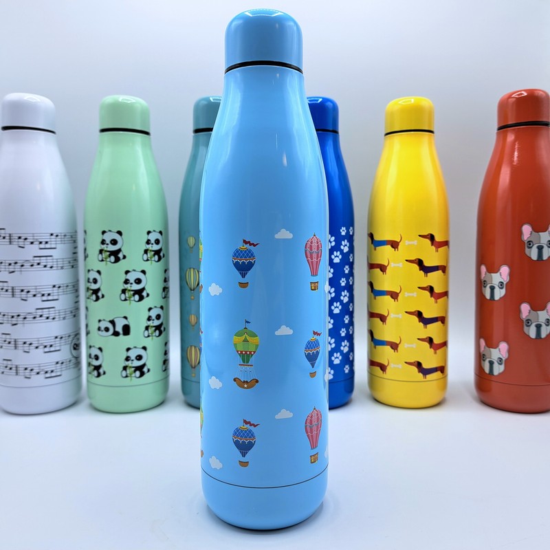 Bottiglia termica da 500 ml azzurra decorata con mongolfiere