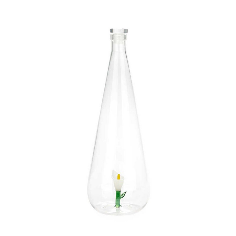 Bottiglia in vetro borosilicato con tappo e decoro interno fatto a mano a forma di fiore di calla