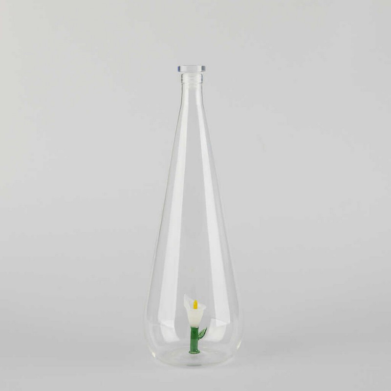 Bottiglia in vetro borosilicato con tappo e decoro interno fatto a mano a forma di fiore di calla