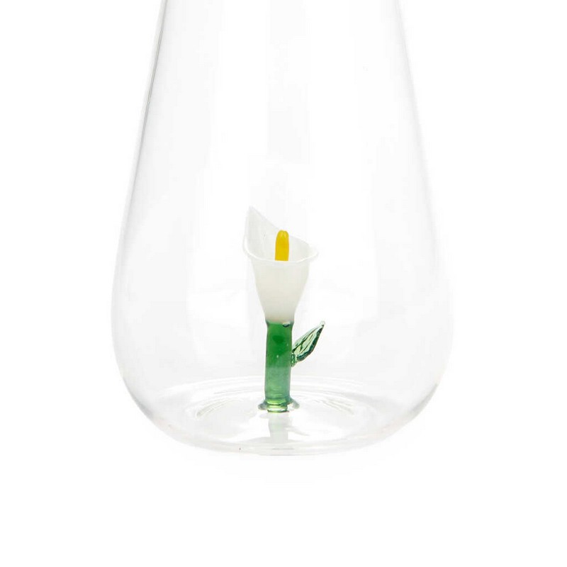 Bottiglia in vetro borosilicato con tappo e decoro interno fatto a mano a forma di fiore di calla