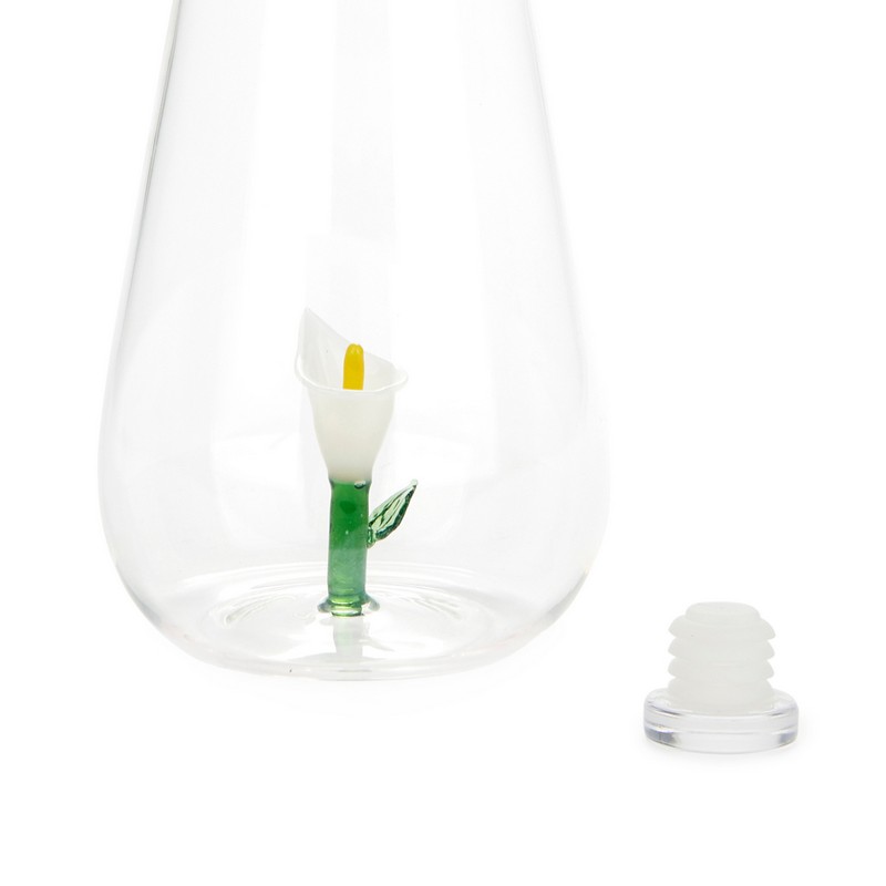 Bottiglia in vetro borosilicato con tappo e decoro interno fatto a mano a forma di fiore di calla