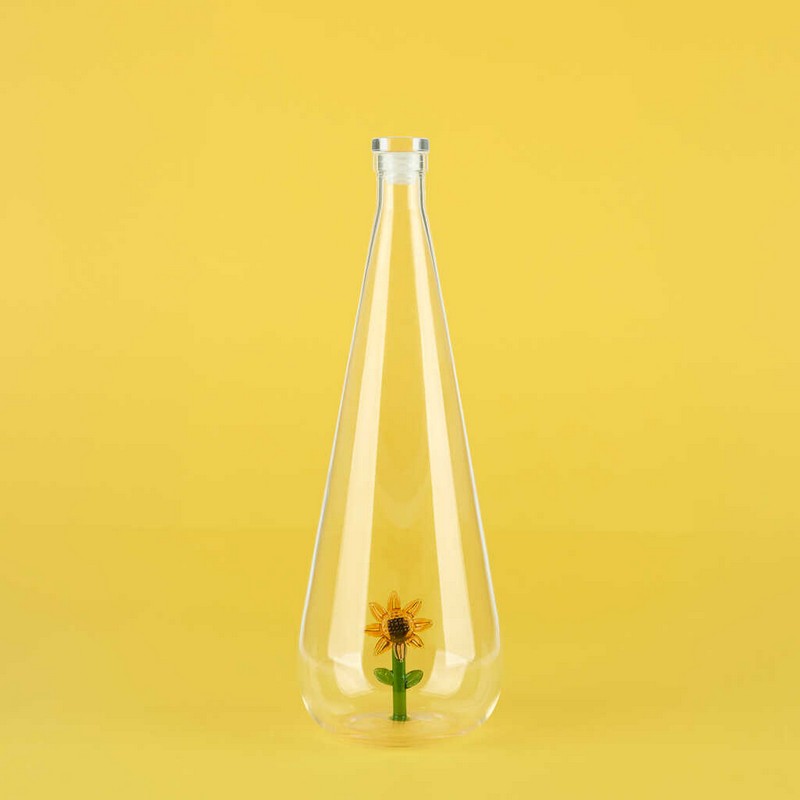 Bottiglia in vetro borosilicato con tappo e decoro interno fatto a mano a forma di girasole