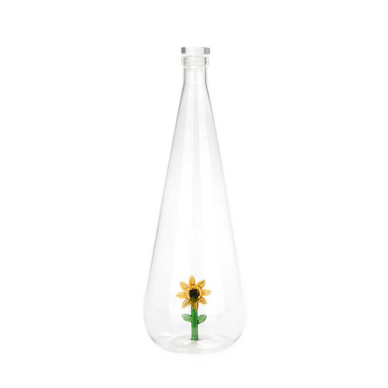 Bottiglia in vetro borosilicato con tappo e decoro interno fatto a mano a forma di girasole