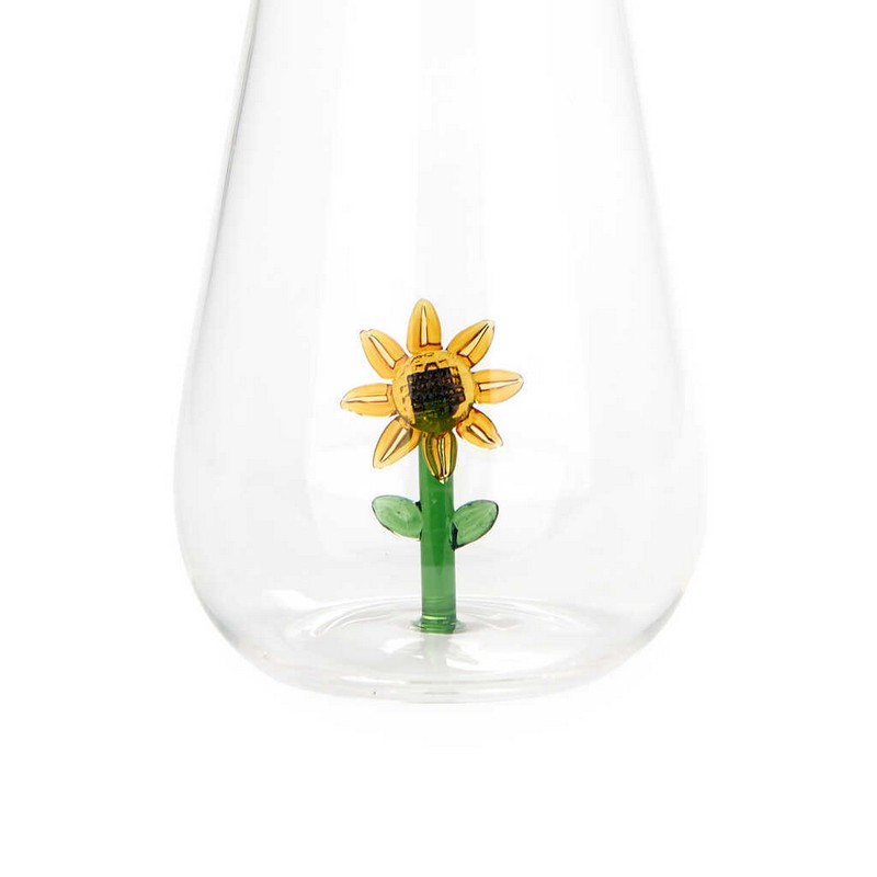 Bottiglia in vetro borosilicato con tappo e decoro interno fatto a mano a forma di girasole