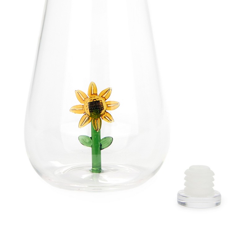 Bottiglia in vetro borosilicato con tappo e decoro interno fatto a mano a forma di girasole