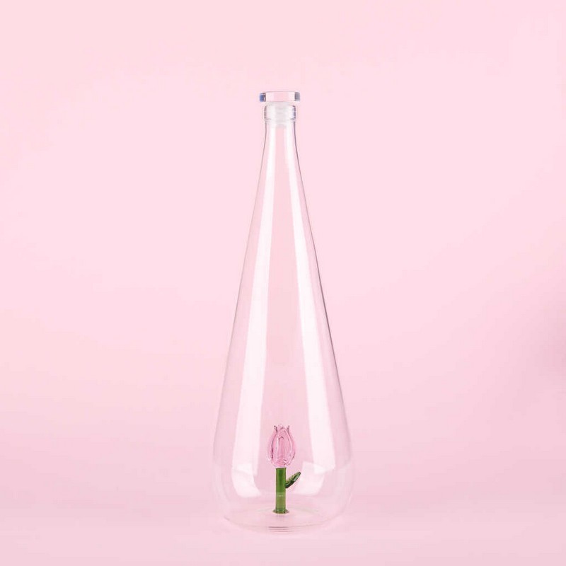 Bottiglia in vetro borosilicato con tappo e decoro interno fatto a mano a forma di tulipano rosa