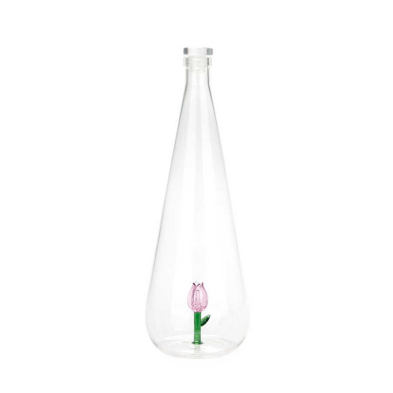 Bottiglia in vetro borosilicato con tappo e decoro interno fatto a mano a forma di tulipano rosa