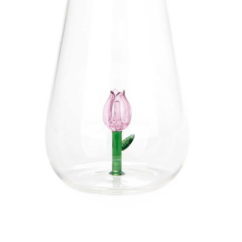 Bottiglia in vetro borosilicato con tappo e decoro interno fatto a mano a forma di tulipano rosa