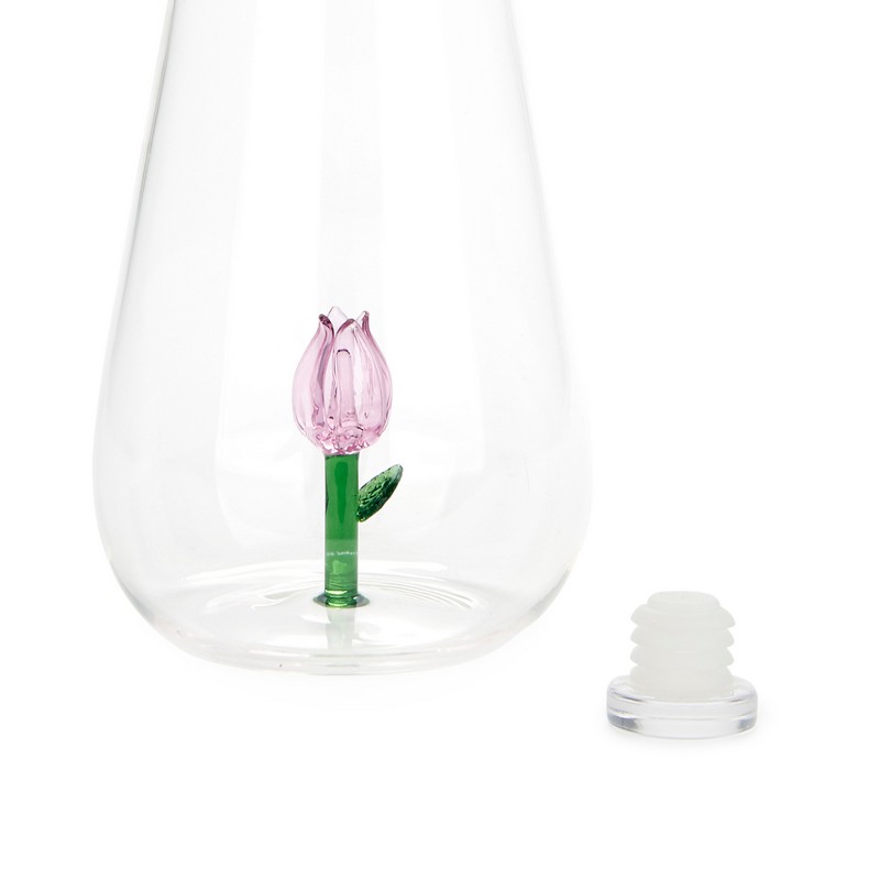 Bottiglia in vetro borosilicato con tappo e decoro interno fatto a mano a forma di tulipano rosa