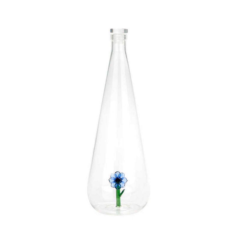 Bottiglia in vetro borosilicato con tappo e decoro interno fatto a mano a forma di fiore di anemone blu