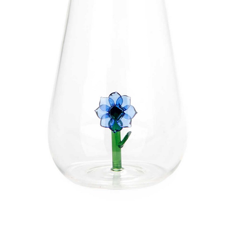 Bottiglia in vetro borosilicato con tappo e decoro interno fatto a mano a forma di fiore di anemone blu