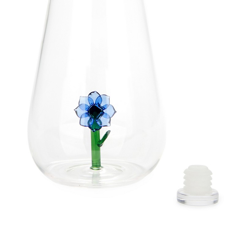 Bottiglia in vetro borosilicato con tappo e decoro interno fatto a mano a forma di fiore di anemone blu