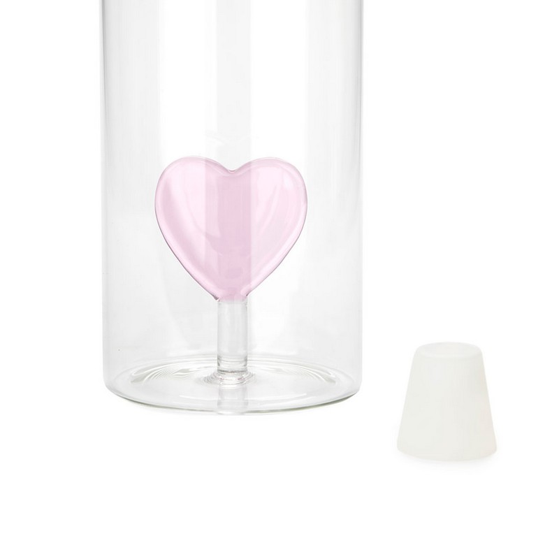 Bottiglia in vetro borosilicato con tappo e decoro interno fatto a mano a forma di cuore