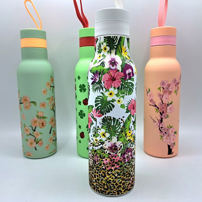 Bottiglia termica 500 ml rosa decorata con flora tropicale