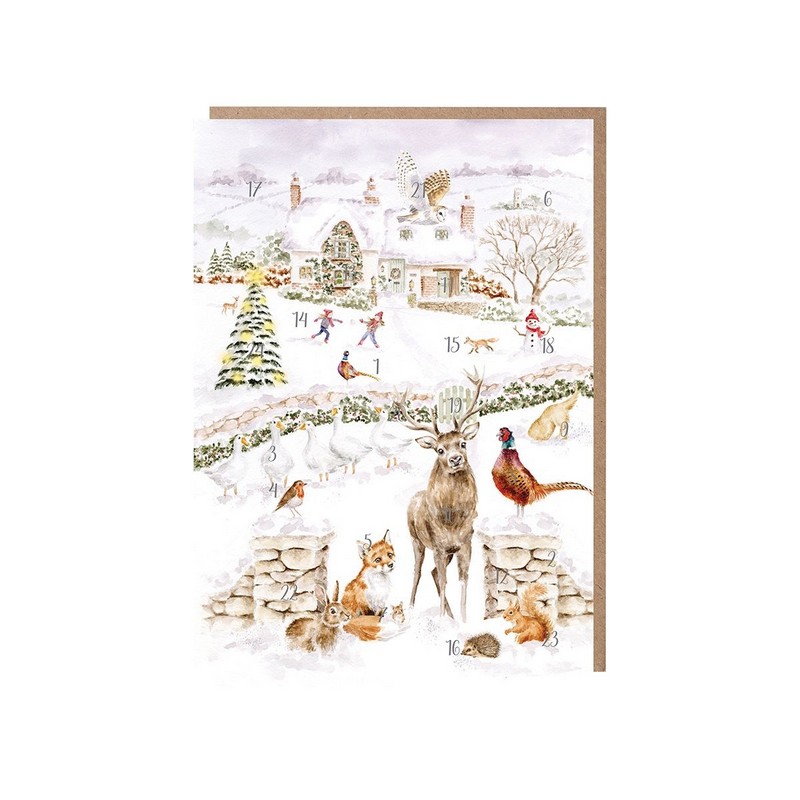 Biglietto-calendario dell'avvento decorato con paesaggio natalizio con animali