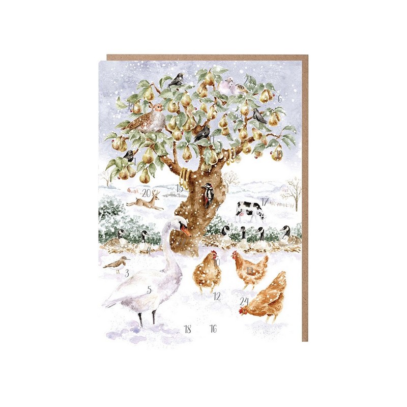 Biglietto-calendario dell'avvento decorato con albero di pero e animali in un paesaggio innevato
