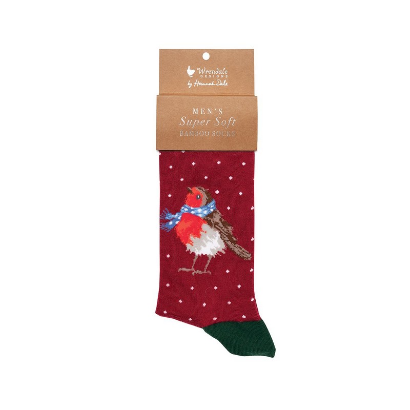 Calze natalizie da uomo decorate con un pettirosso con sciarpa su sfondo bordeaux