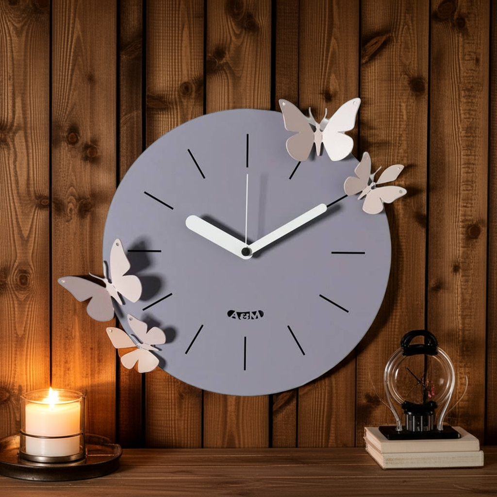 Orologio da parete in ferro glicine tondo decorato con 4 farfalle magnetiche spostabili a piacimento