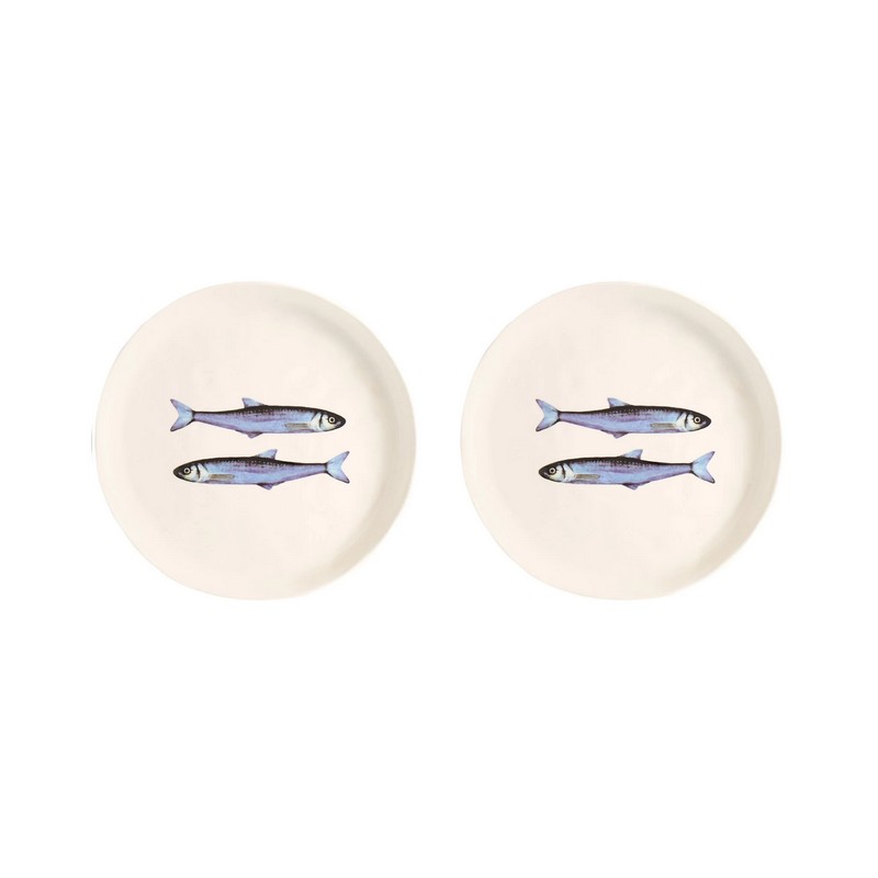 Set di 2 piatti dessert in gres bianco decorati con sardine, ideale come regalo per l'estate!