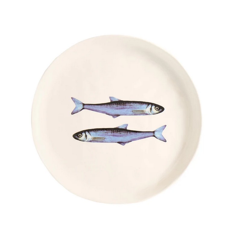 Set di 2 piatti dessert in gres bianco decorati con sardine, ideale come regalo per l'estate!